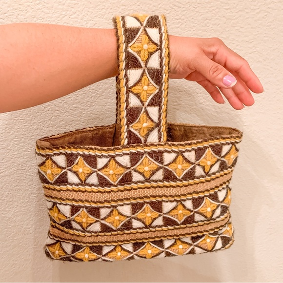 Handmade Handbags - Vintage Handmade Burlap Embroidered Satchel Hand Bag Geometric Tan Brown Boho
